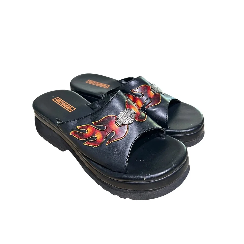 Vintage 90s HARLEY DAVIDSON Platform Sandals Slides 7 Black Flame Biker Goth Y2K